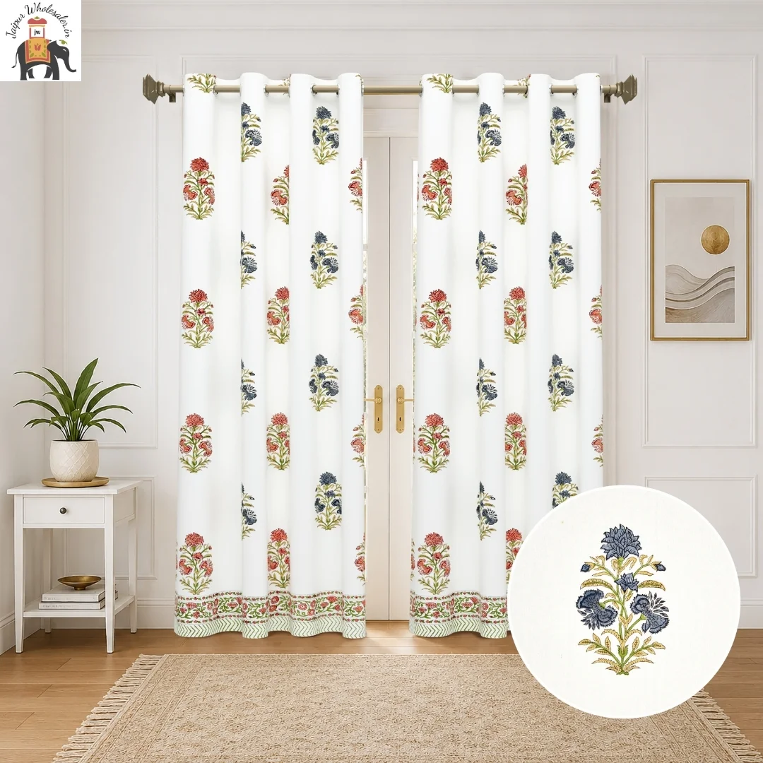 Multicolor Floral Hand Block Print Cotton Curtains-Jaipur Wholesaler