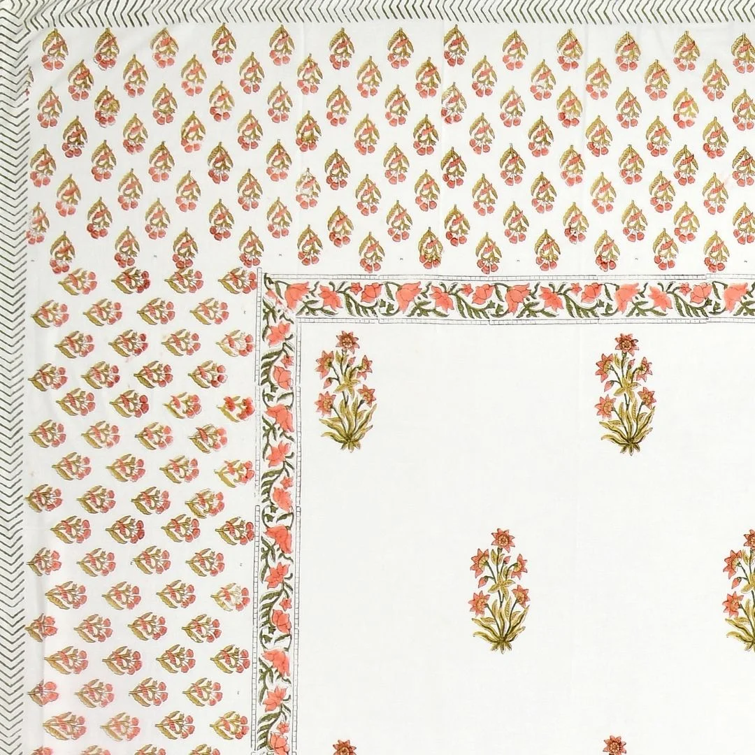 Peach Floral Block Printed Pure Cotton Bedsheet-Jaipur Wholesaler