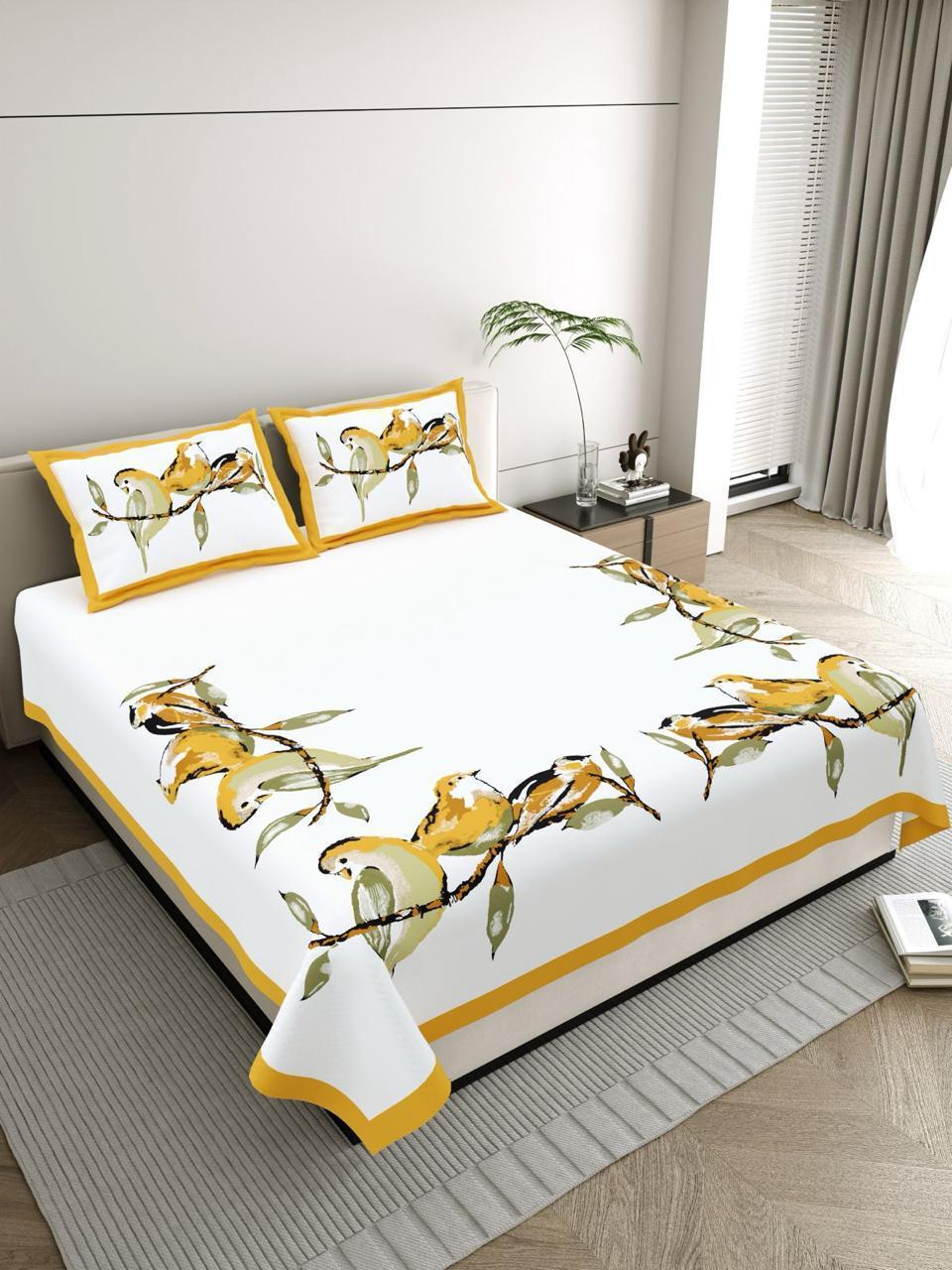 Yellow Bird Printed White Cotton Bedsheet-Jaipur Wholesaler