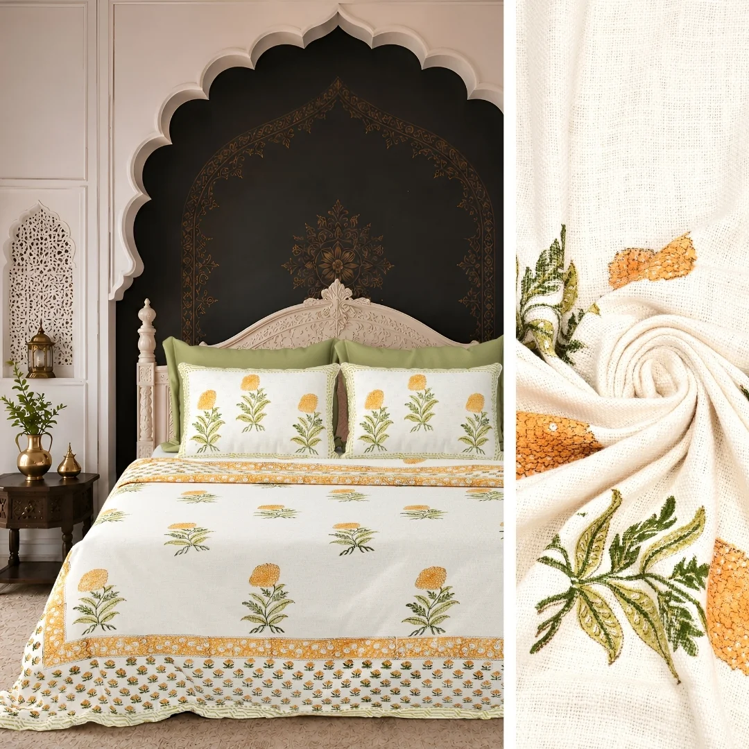 Yellow Floral Hand Block Printed Cotton Bed Cover-Jaipur Wholesaler