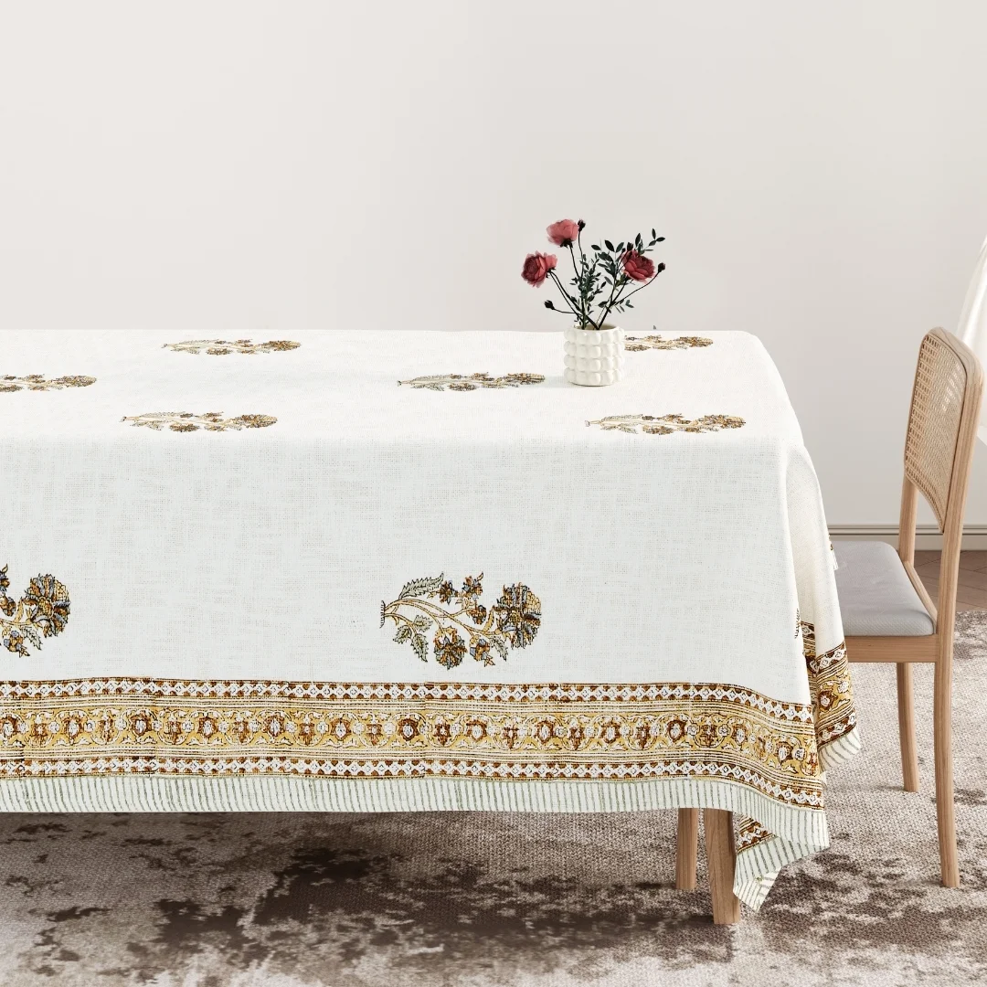 Brown Flower Hand Block Printed Cotton Table Cover-Jaipur Wholesaler