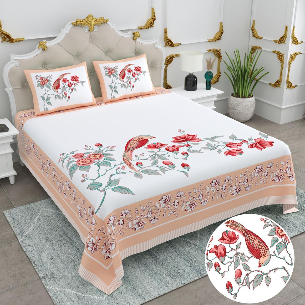 Orange Bird Printed Cotton Bedsheet-Jaipur Wholesaler