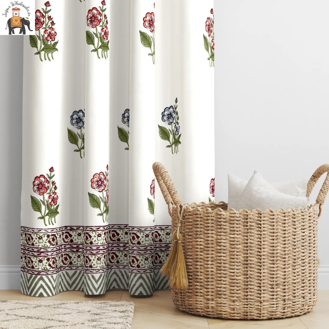 Pink And Blue Floral Hand Block Print Cotton Curtains-Jaipur Wholesaler