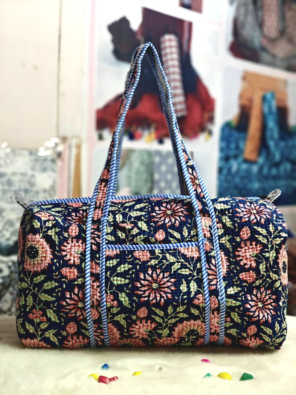 Dark Blue Floral Print Duffle Bag-Jaipur Wholesaler
