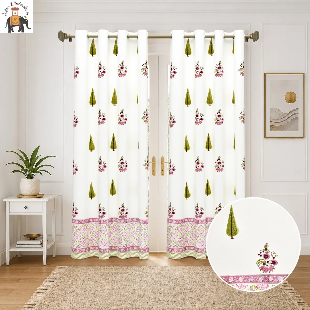 Pink Floral Hand Block Print Cotton Curtains-Jaipur Wholesaler