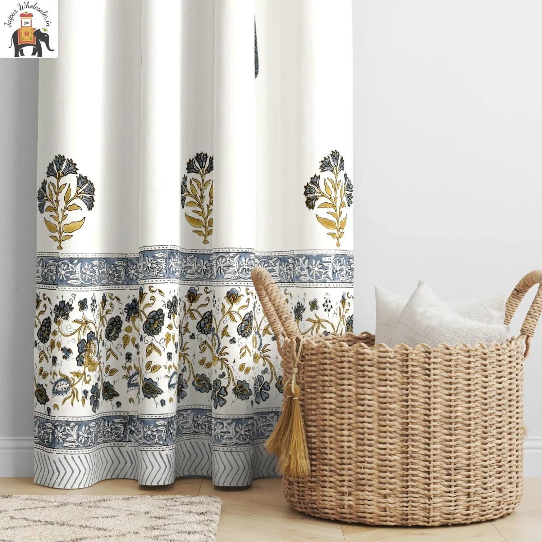 Sanganeri Blue Floral Hand Block Print Cotton Curtains-Jaipur Wholesaler