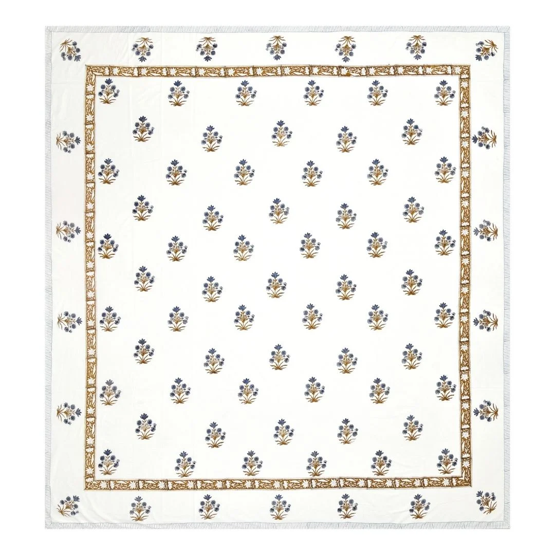 Royal Blue Flower Block Printed Cotton Bedsheet-Jaipur Wholesaler