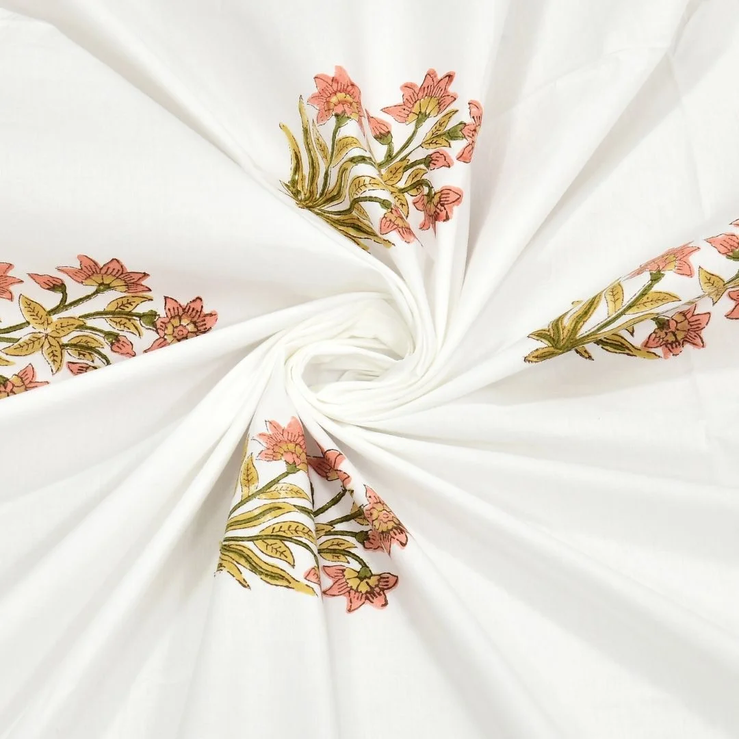 Peach Floral Block Printed Pure Cotton Bedsheet-Jaipur Wholesaler