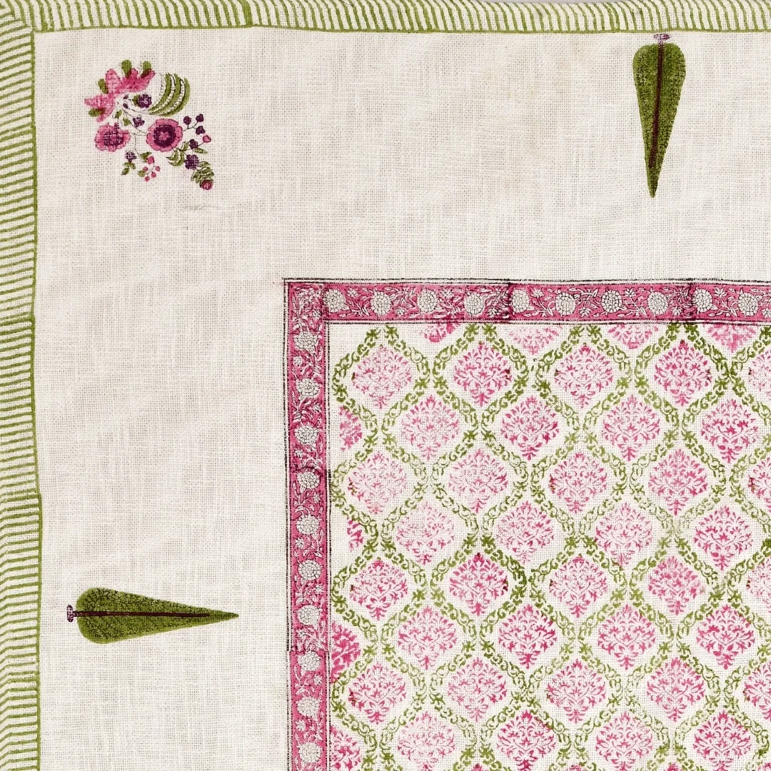 Pink Floral Block Printed Cotton Table Cover-Jaipur Wholesaler