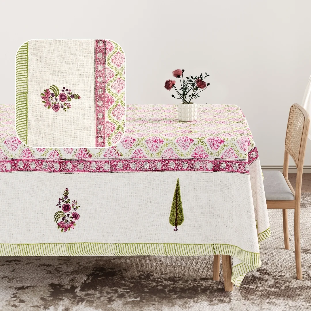 Pink Floral Block Printed Cotton Table Cover-Jaipur Wholesaler