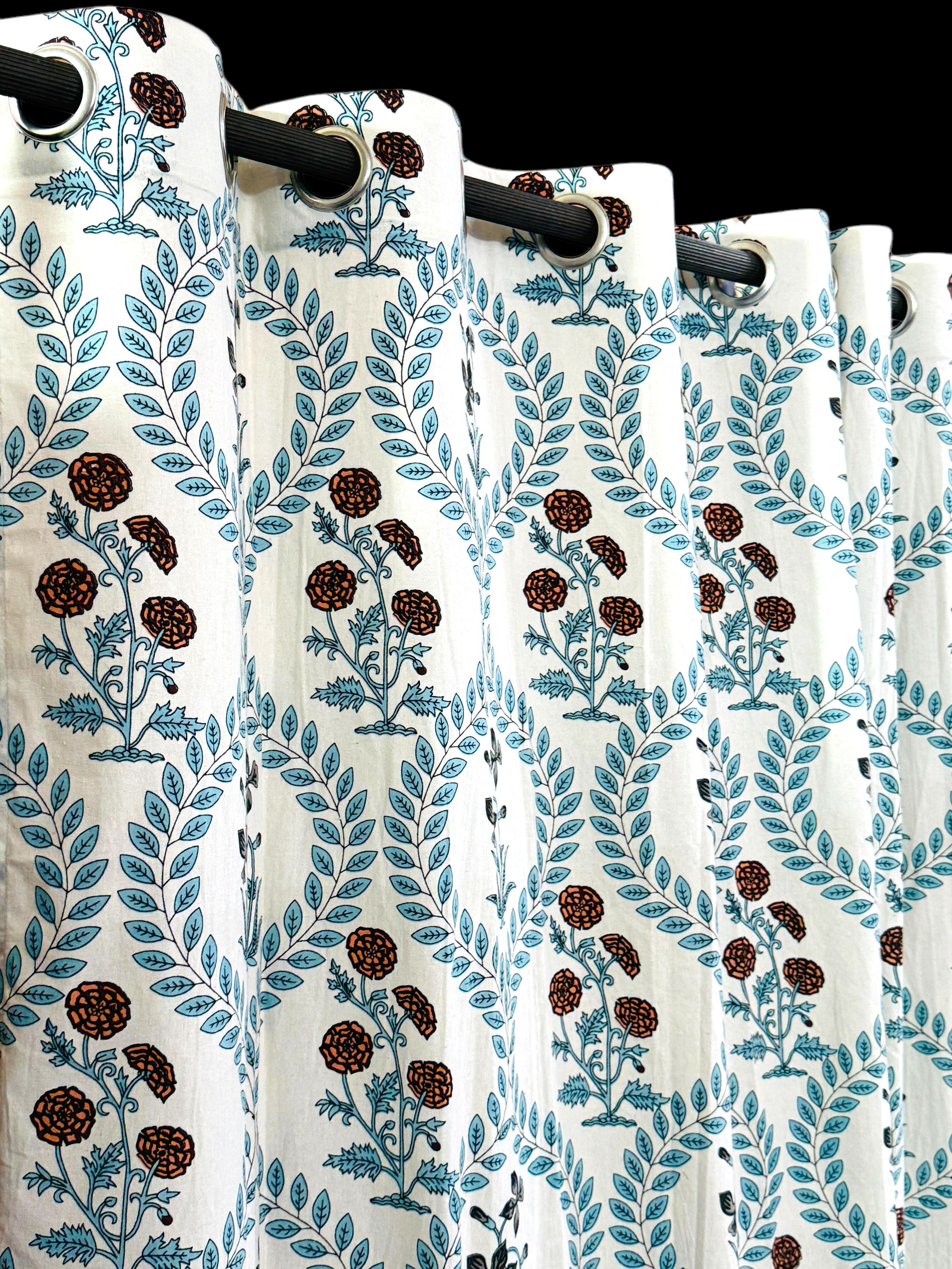 Blue Flower Print White Curtains-Jaipur Wholesaler