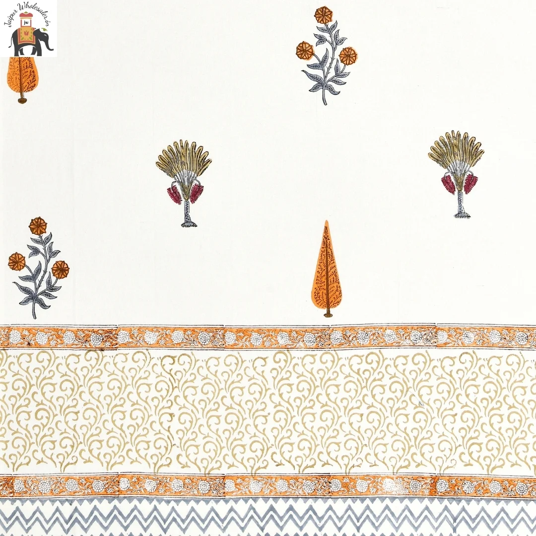 Orange Floral Hand Block Print Cotton Curtains-Jaipur Wholesaler