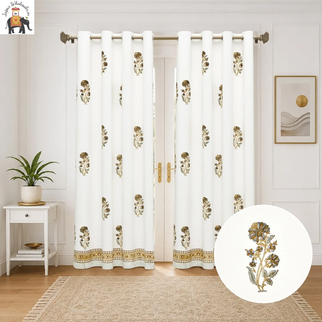 Brown Floral Hand Block Print Cotton Curtains-Jaipur Wholesaler