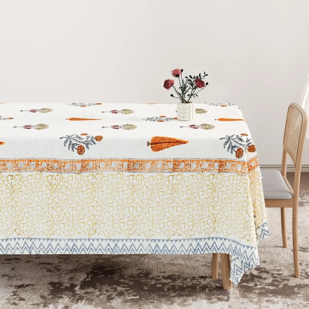 Orange Flower Hand Block Printed Cotton Table Cover-Jaipur Wholesaler