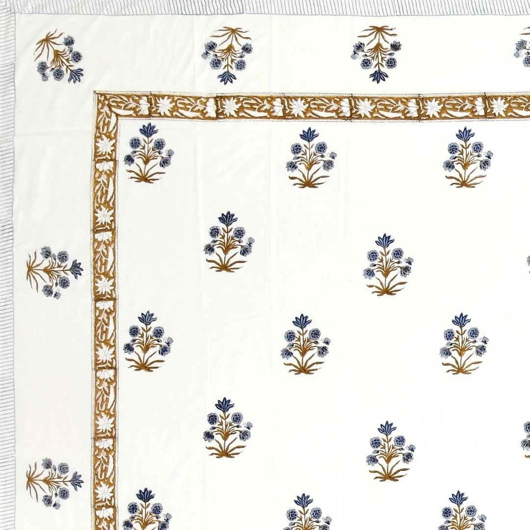 Royal Blue Flower Block Printed Cotton Bedsheet-Jaipur Wholesaler