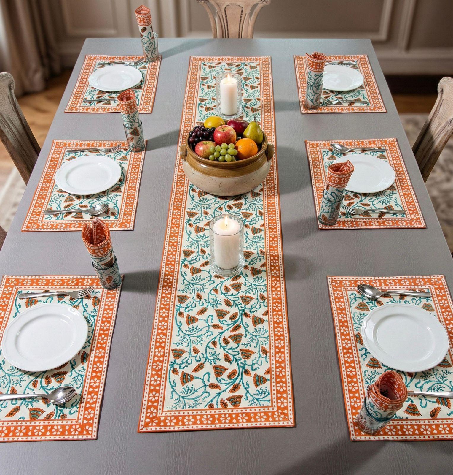 Blue Printed Orange Table Runner Set-Jaipur Wholesaler