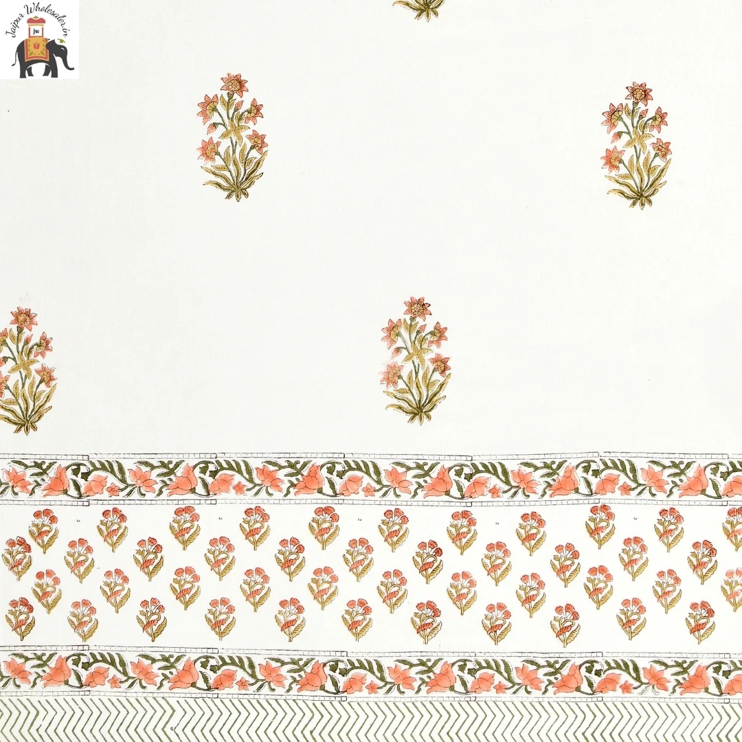 Peach And Green Floral Hand Block Print Cotton Curtains-Jaipur Wholesaler