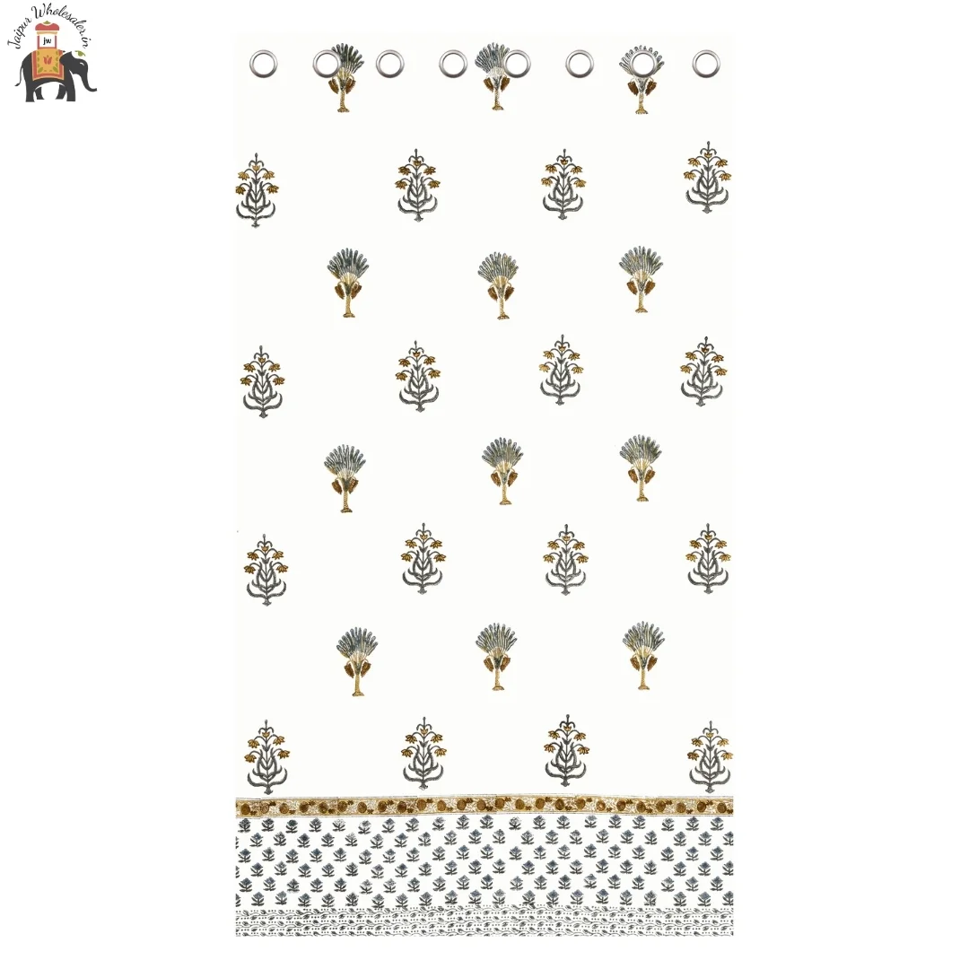 Yellow Floral Hand Block Print Cotton Curtains-Jaipur Wholesaler