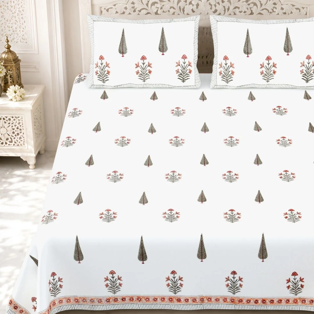 Red Floral Hand Block Print Percale Cotton Bedsheet-Jaipur Wholesaler