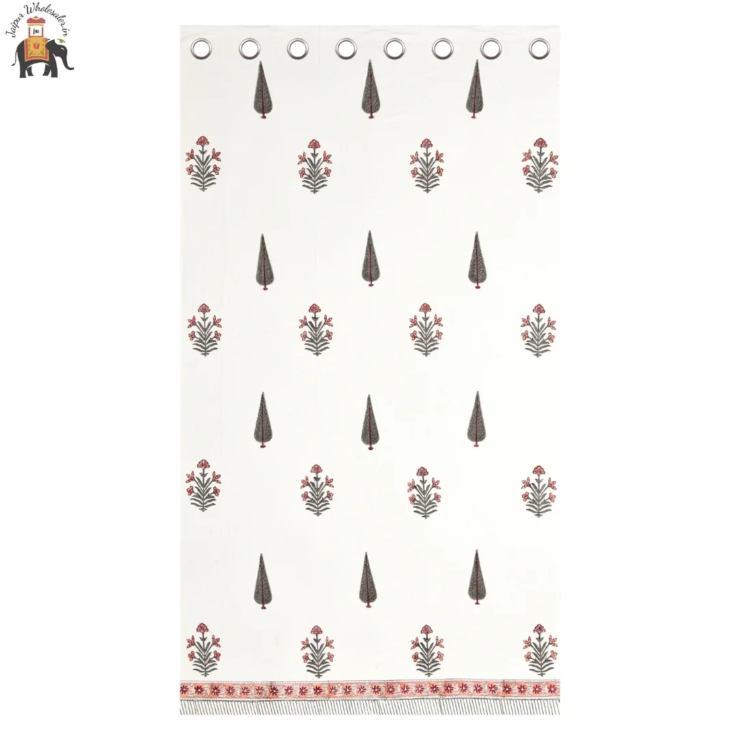 Peach Floral Hand Block Print Cotton Curtains-Jaipur Wholesaler