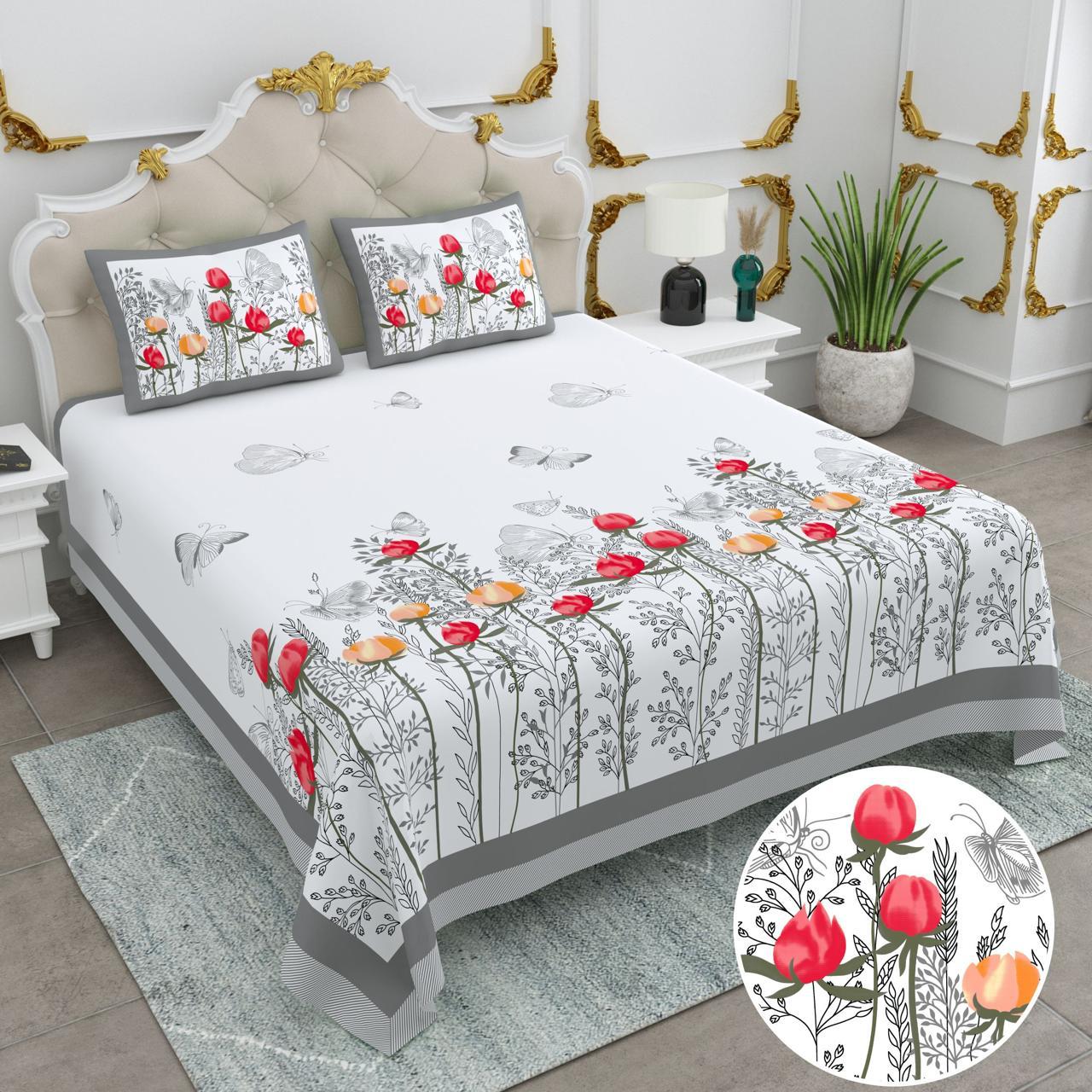 White Floral Printed Cotton Bedsheet-Jaipur Wholesaler