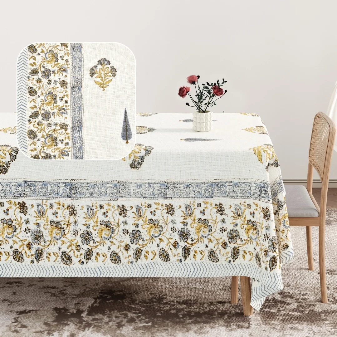 Blue Flower Hand Block Printed Cotton Table Cover-Jaipur Wholesaler