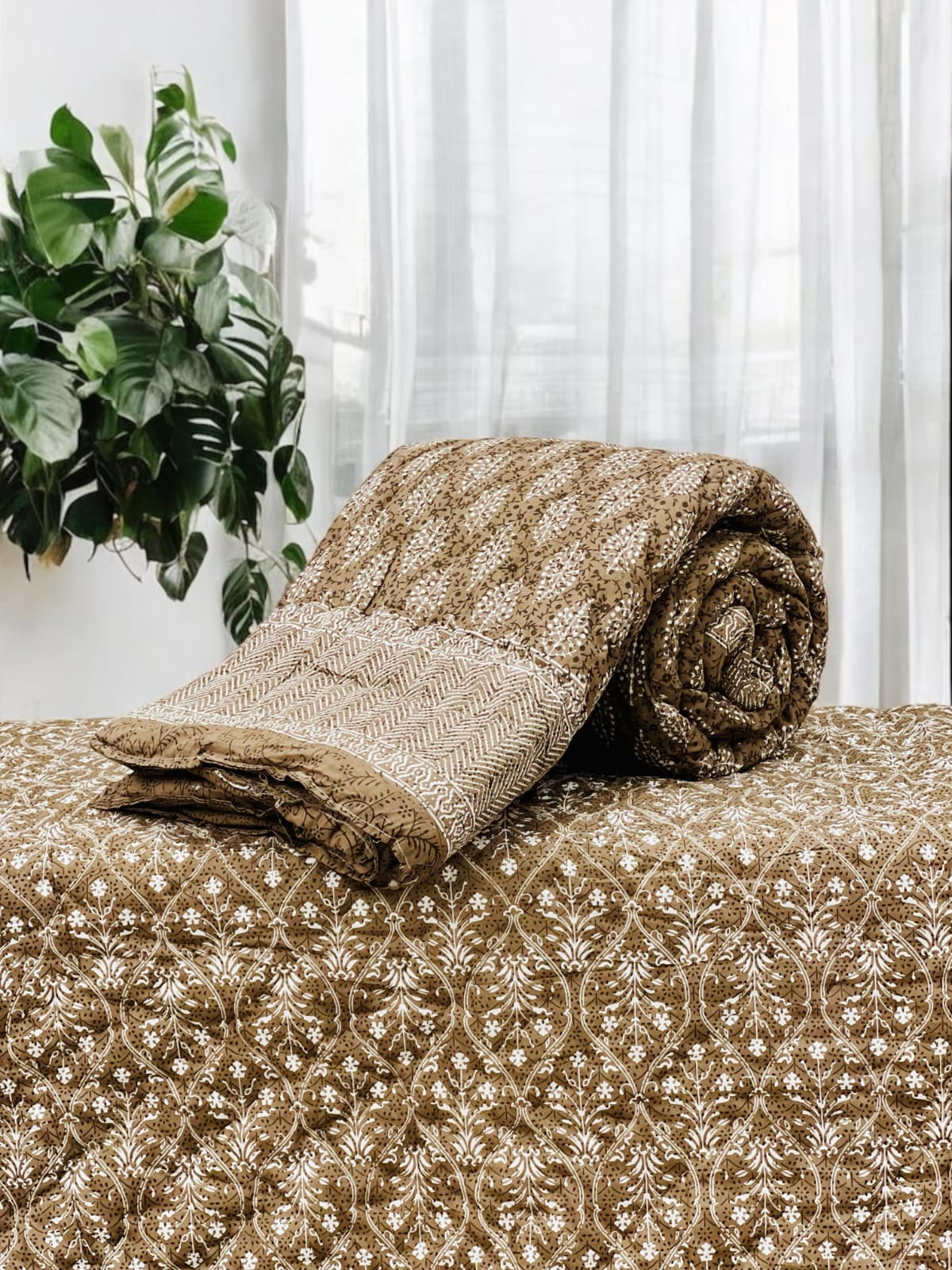 Brown and White Printed Quilts-Jaipur Wholesaler