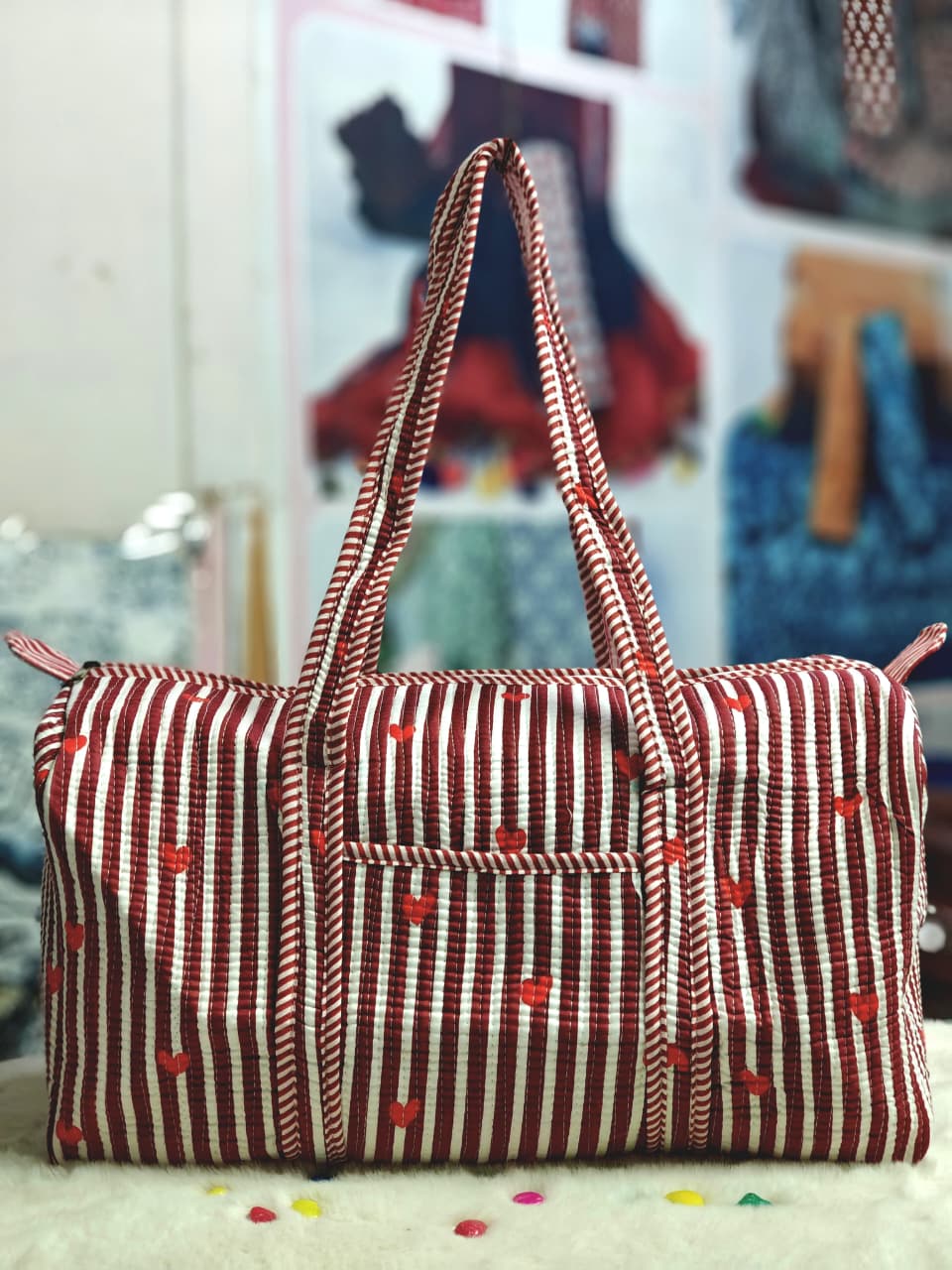 Red and White Lining Duffle Bag-Jaipur Wholesaler
