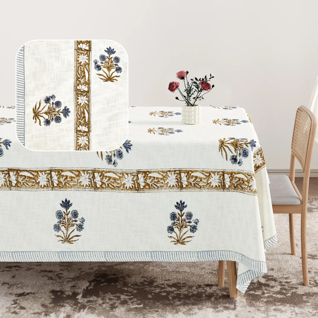 Blue Flower Block Printed Cotton Table Cover-Jaipur Wholesaler