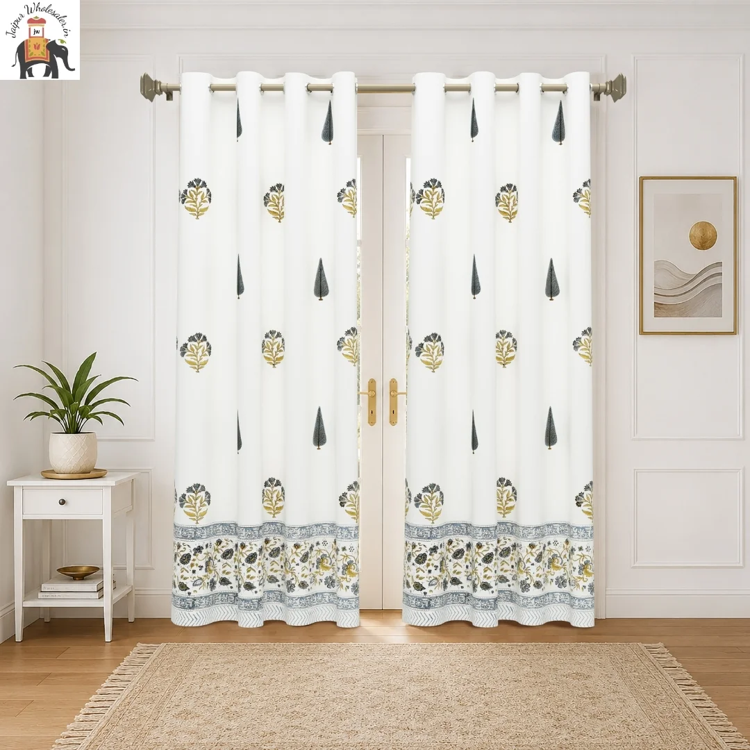 Sanganeri Blue Floral Hand Block Print Cotton Curtains-Jaipur Wholesaler