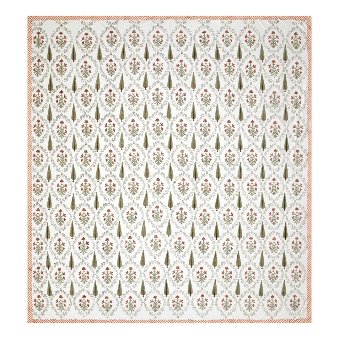 Green And Orange Floral Hand Block Print Cotton Bedsheet-Jaipur Wholesaler