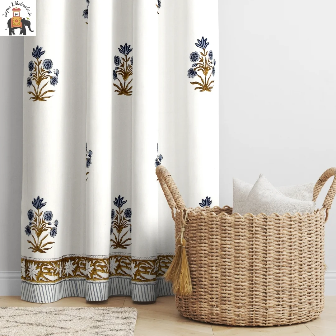 Blue Floral Hand Block Print Cotton Curtains-Jaipur Wholesaler