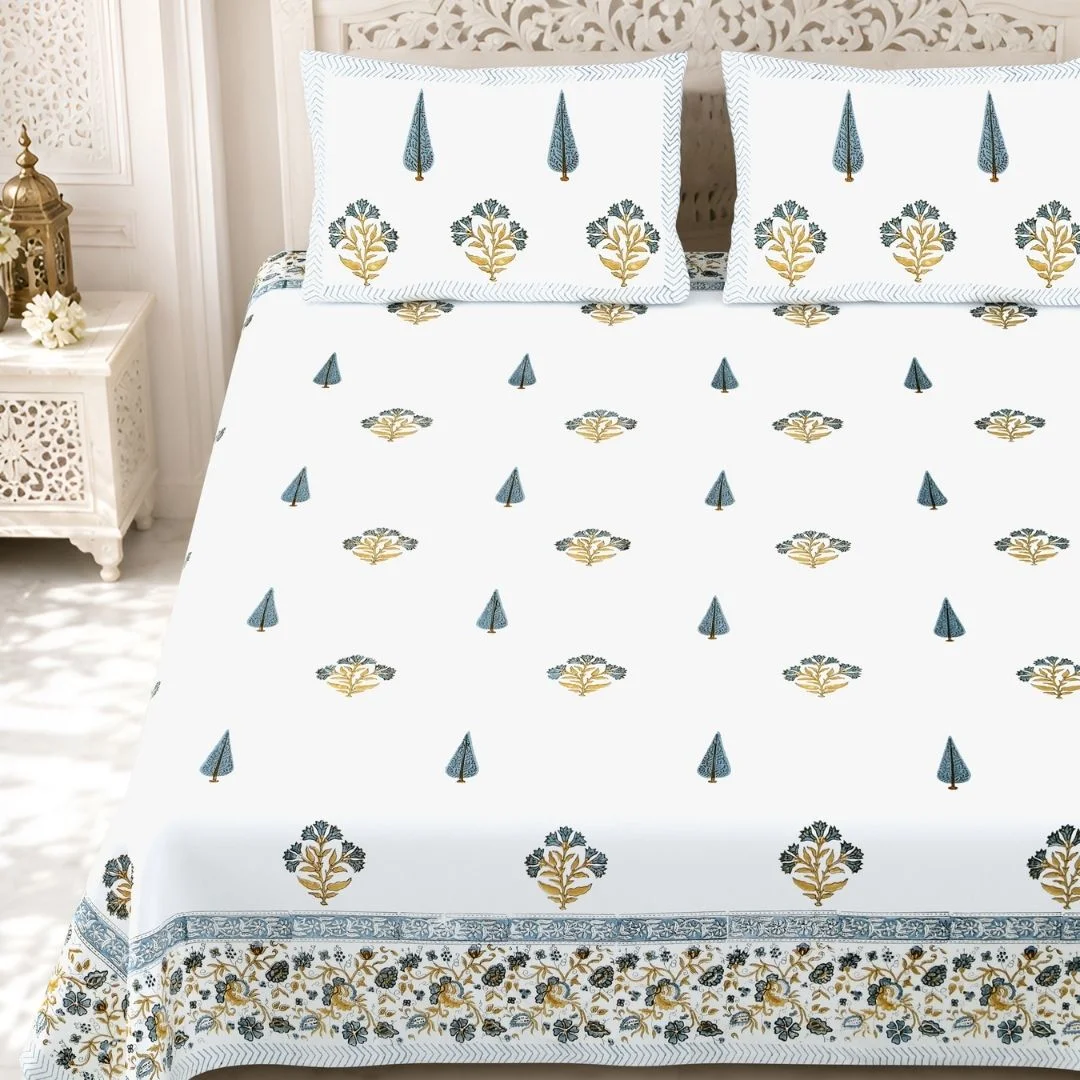 Blue Flower Block Printed Cotton Bedspread-Jaipur Wholesaler