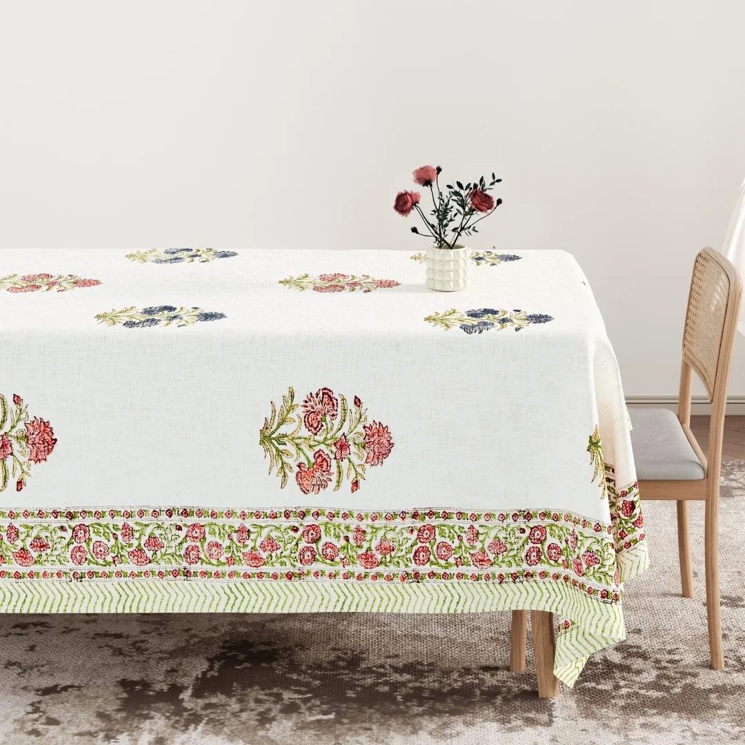 Pink Blue Flower Hand Block Printed Cotton Table Cover-Jaipur Wholesaler