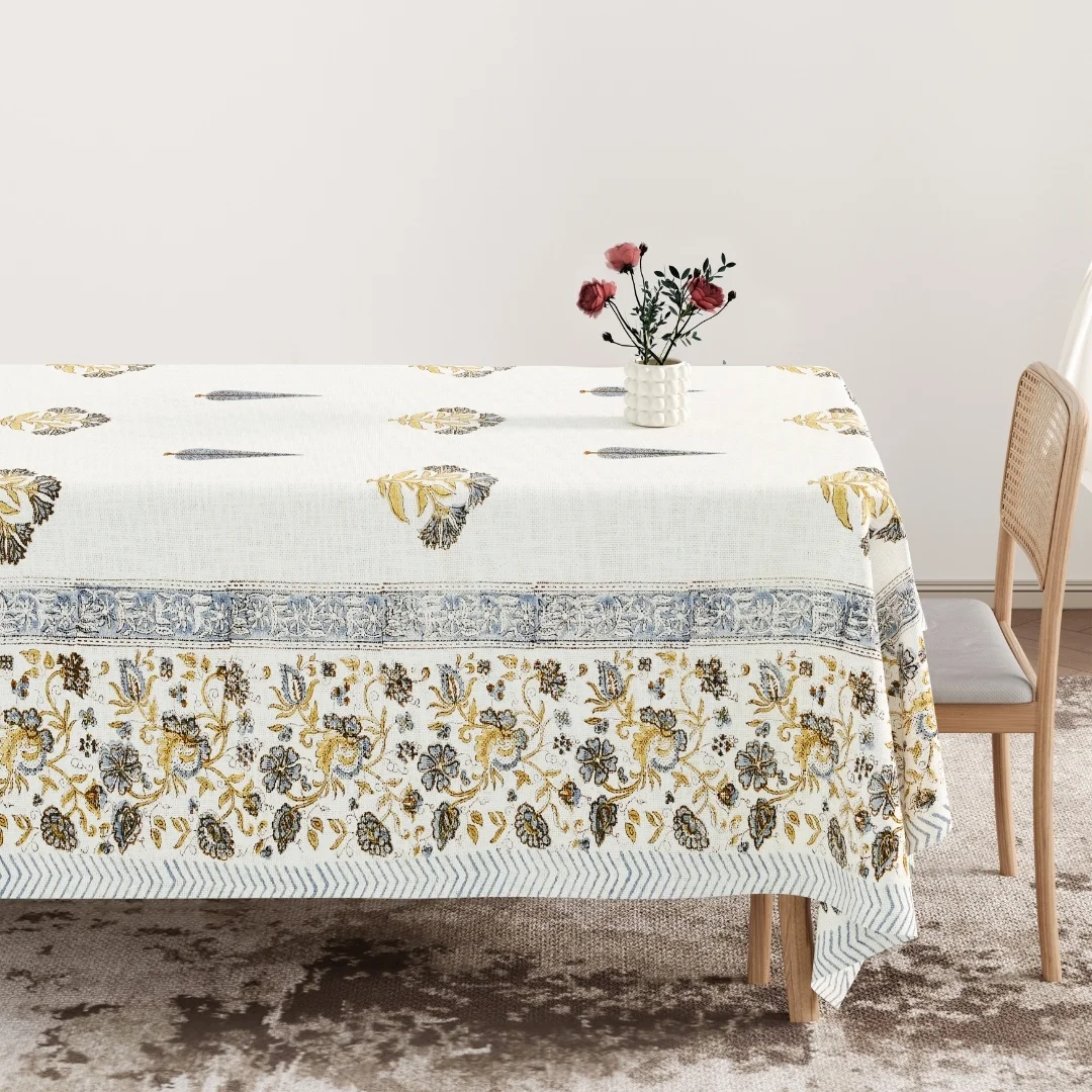 Blue Flower Hand Block Printed Cotton Table Cover-Jaipur Wholesaler