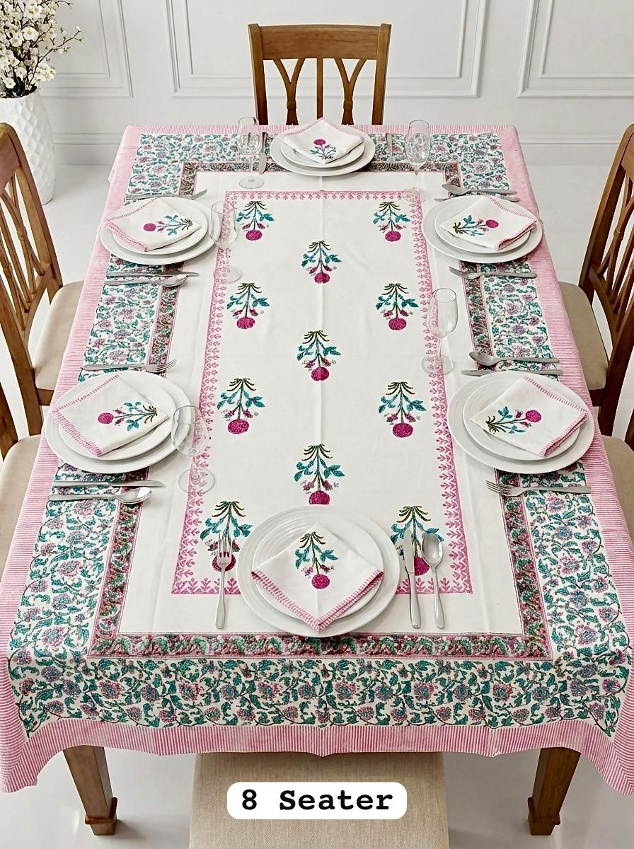 Green Pink Mix Colour Dining Table Cover With Napkins-Jaipur Wholesaler