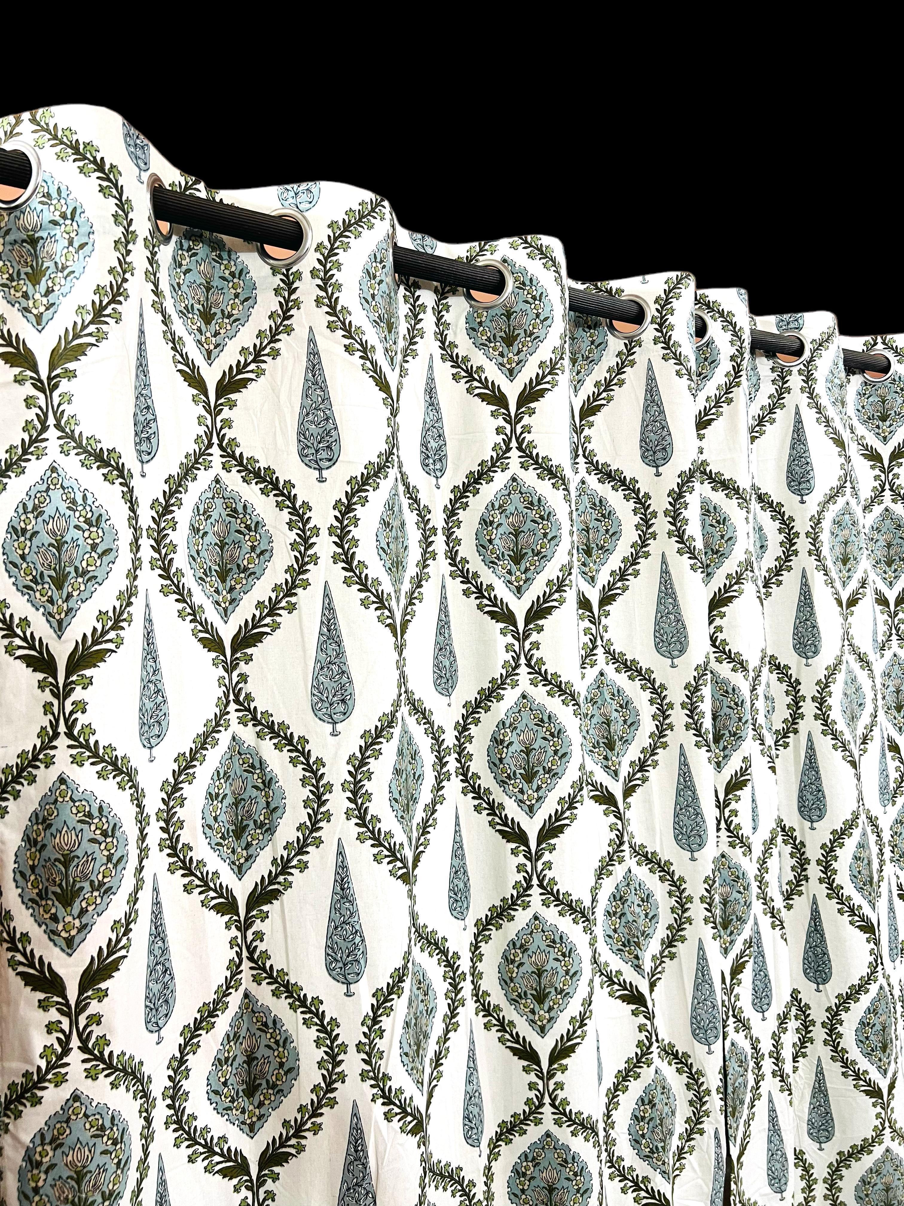 Green Printed White Curtains-Jaipur Wholesaler