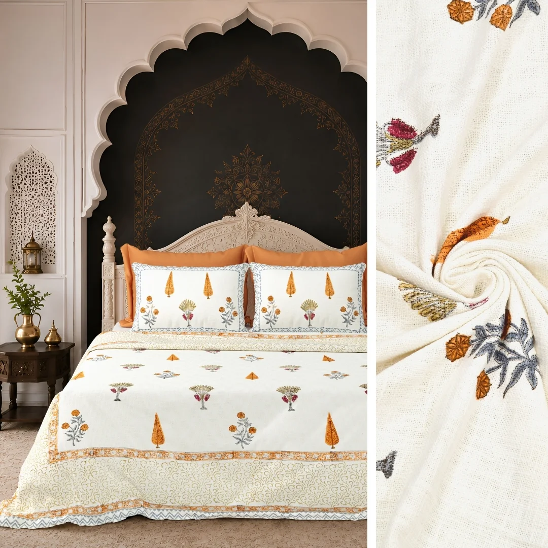 Orange Flower Hand Block Printed Cotton Bedcover-Jaipur Wholesaler
