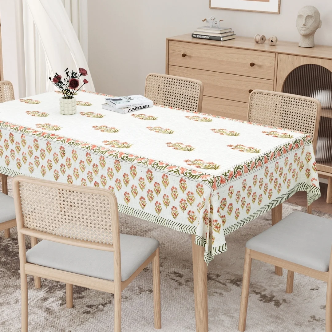 Peach Flower Block Printed Cotton Table Cover-Jaipur Wholesaler