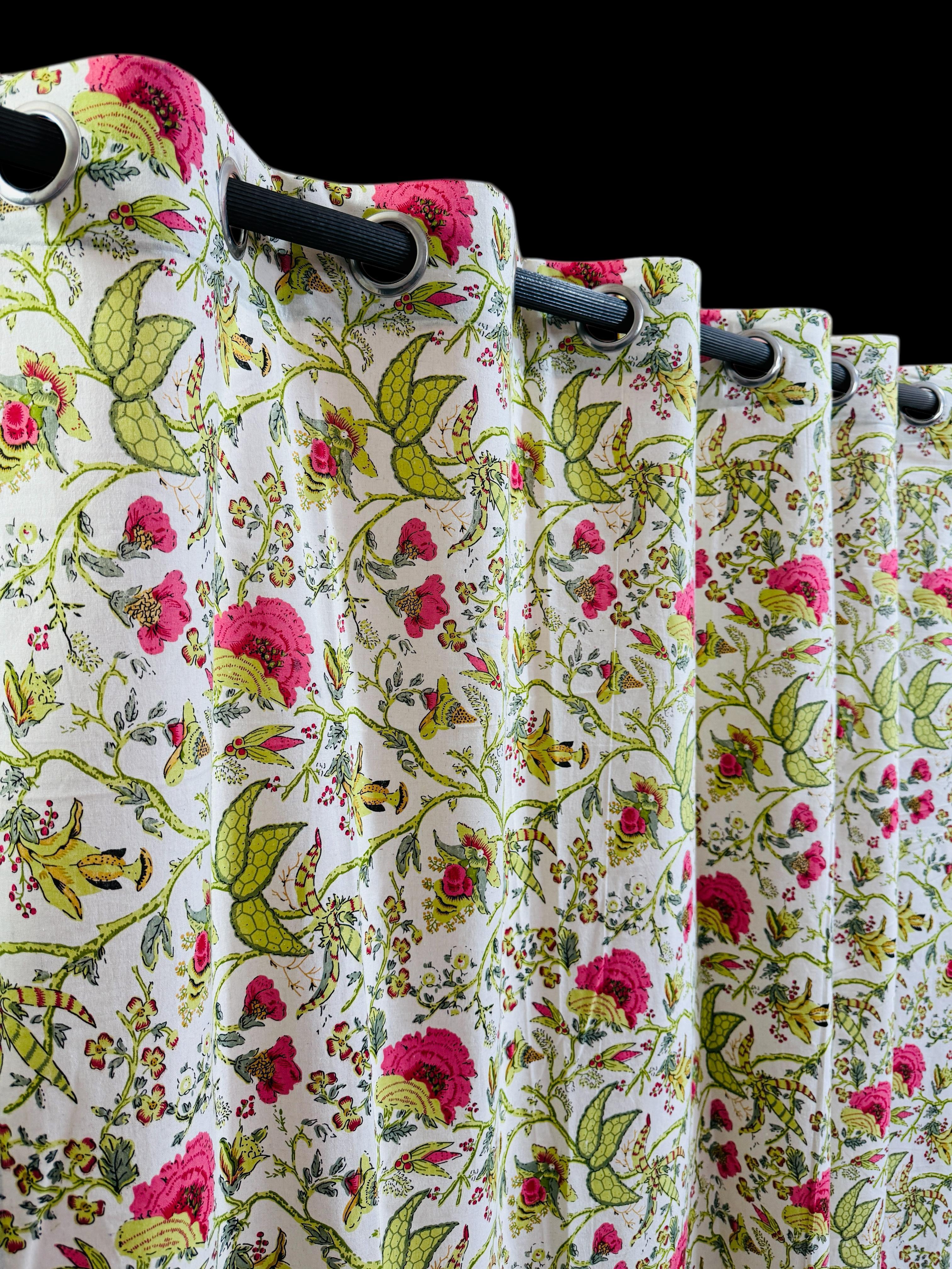 Green and Pink Printed White Curtains-Jaipur Wholesaler