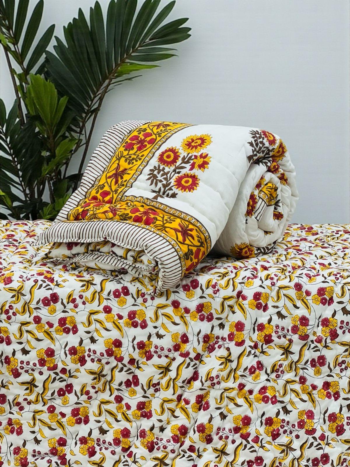 White Yellow Print Cotton Quilts-Jaipur Wholesaler