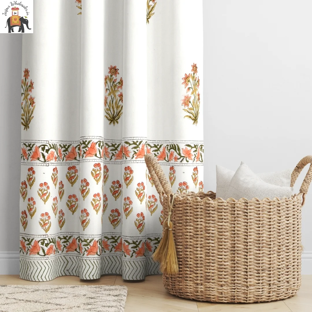 Peach And Green Floral Hand Block Print Cotton Curtains-Jaipur Wholesaler