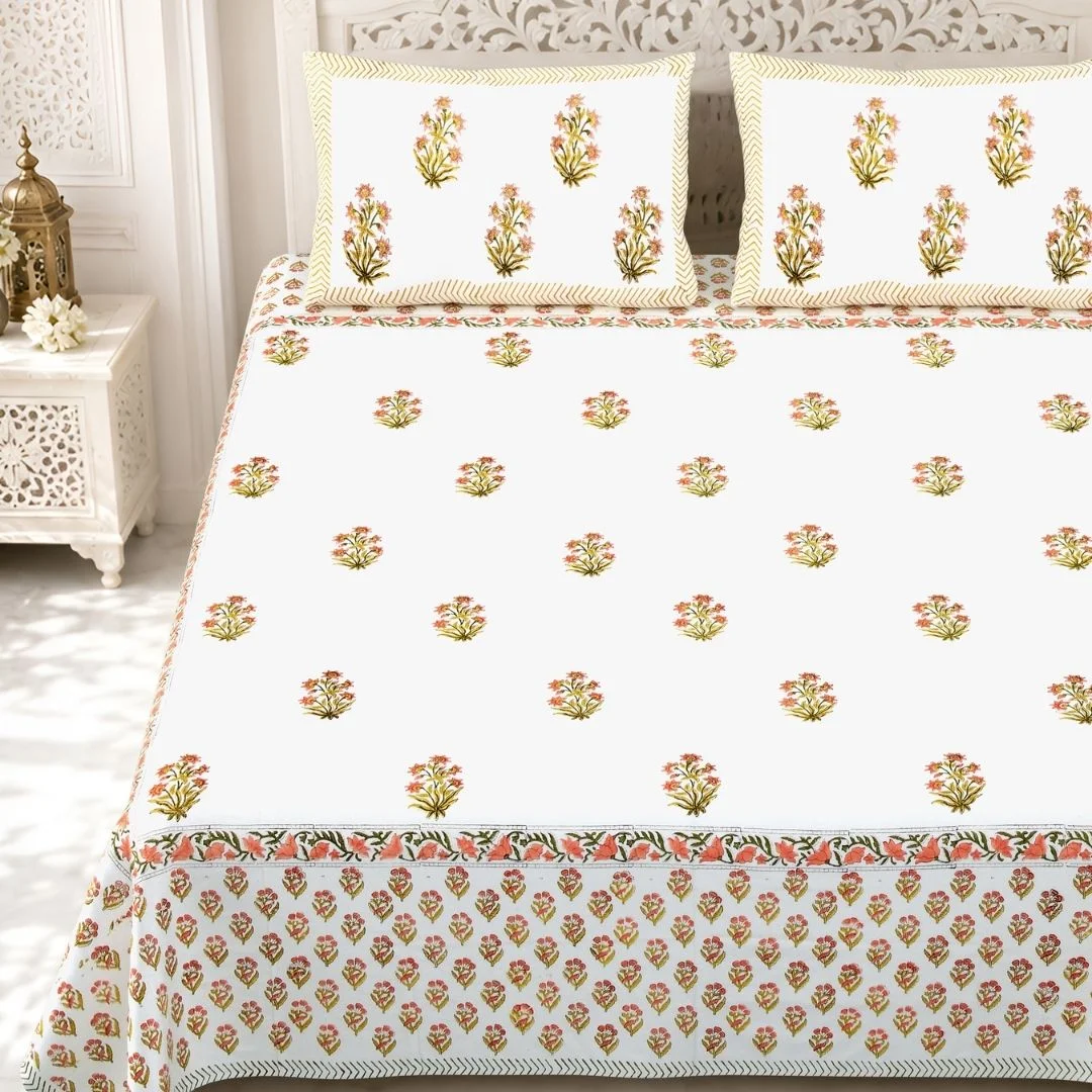 Peach Floral Block Printed Pure Cotton Bedsheet-Jaipur Wholesaler