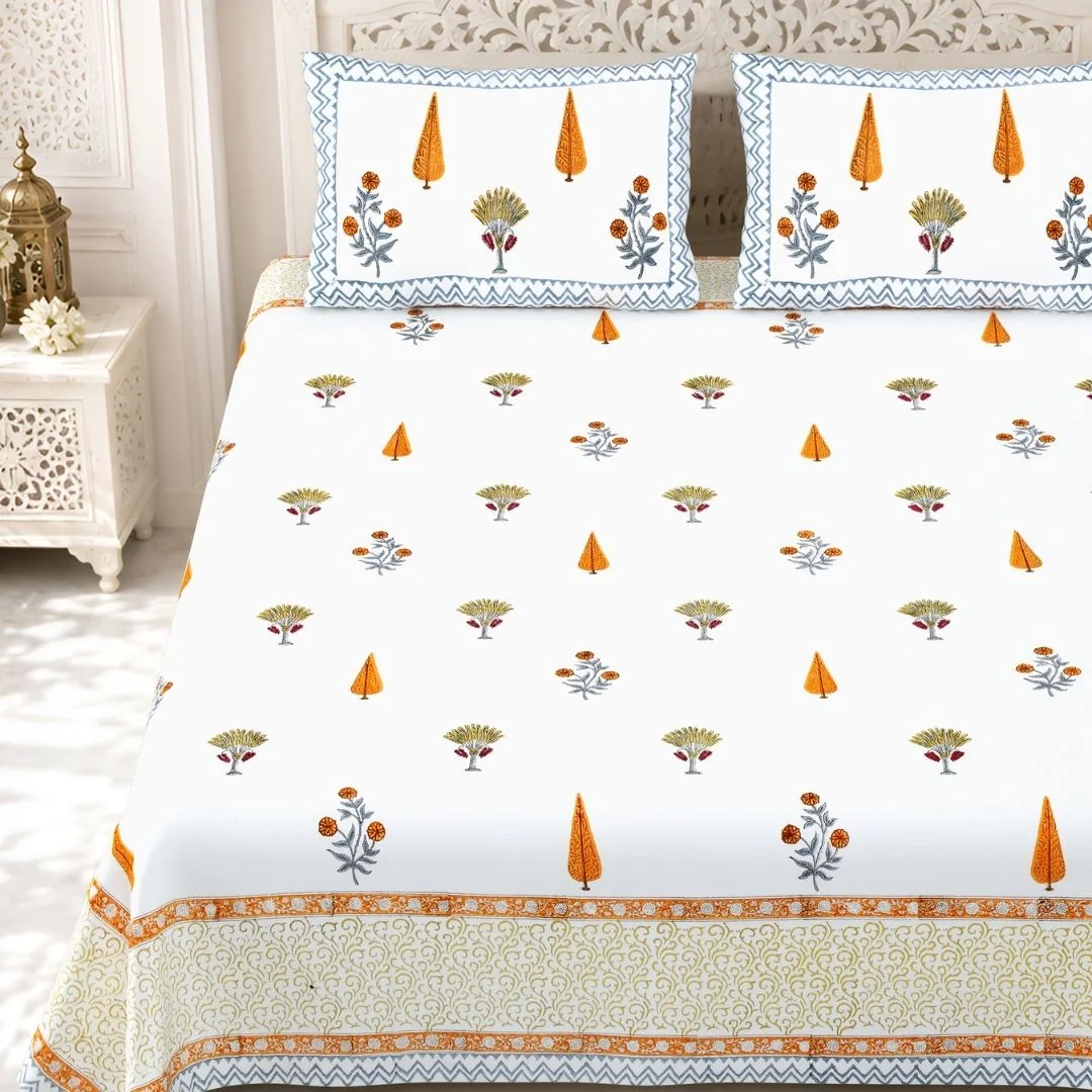 Orange Floral Hand Block Design Cotton Bedsheet-Jaipur Wholesaler