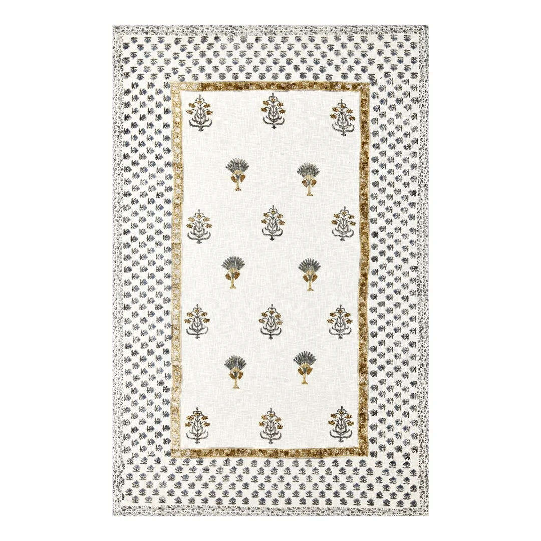 Golden And Blue Flower Block Printed Cotton Table Cover-Jaipur Wholesaler