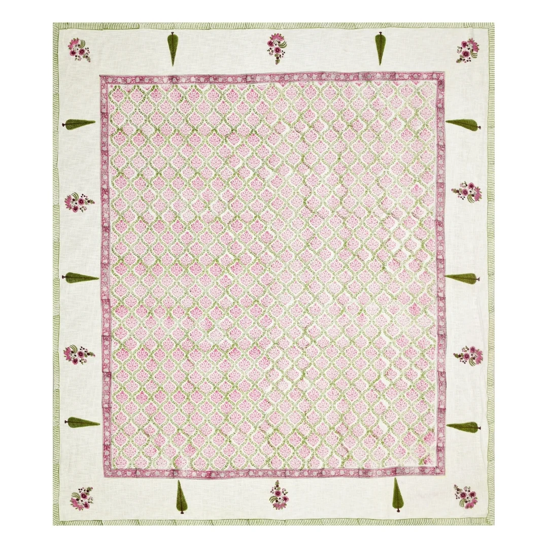 Pink Floral Hand Block Printed Cotton Bedcover-Jaipur Wholesaler