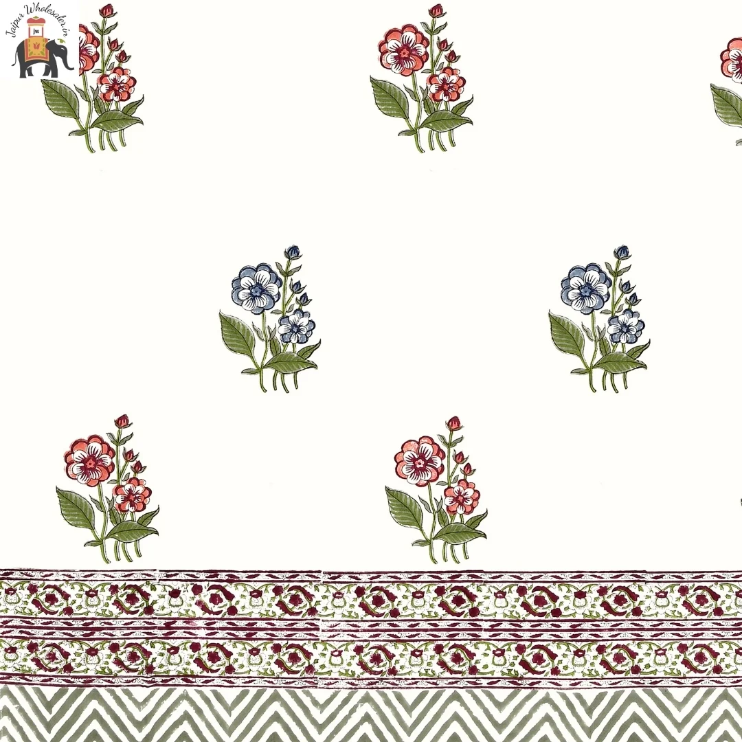 Pink And Blue Floral Hand Block Print Cotton Curtains-Jaipur Wholesaler