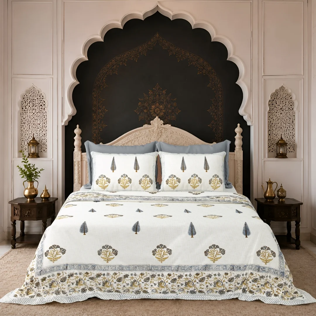 Blue Golden Floral Hand Block Printed Cotton Bedcover-Jaipur Wholesaler