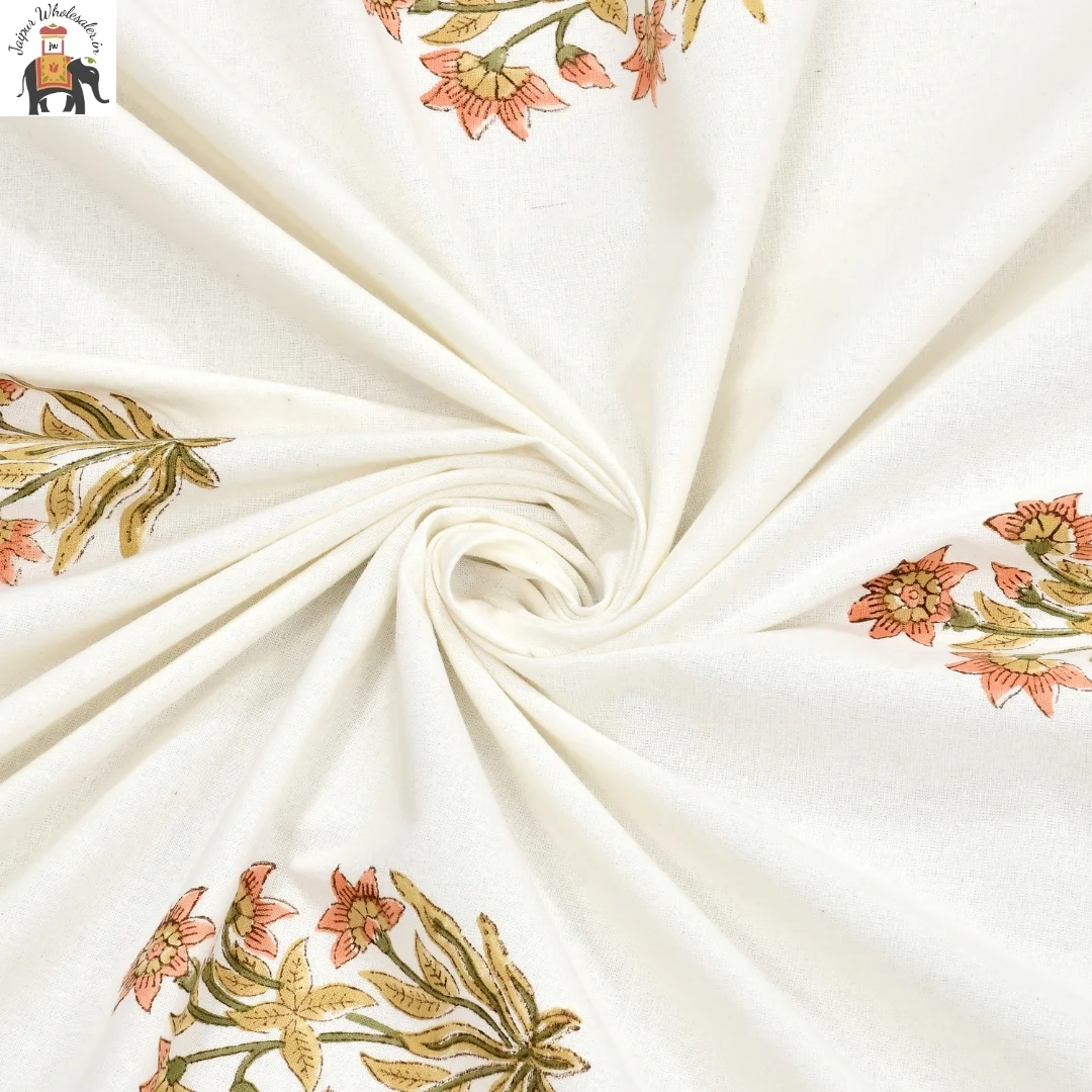 Peach And Green Floral Hand Block Print Cotton Curtains-Jaipur Wholesaler