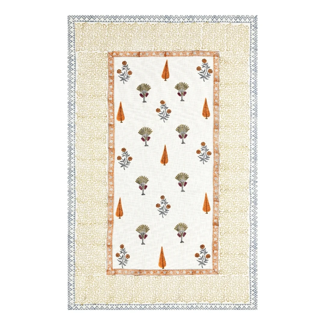 Orange Flower Hand Block Printed Cotton Table Cover-Jaipur Wholesaler